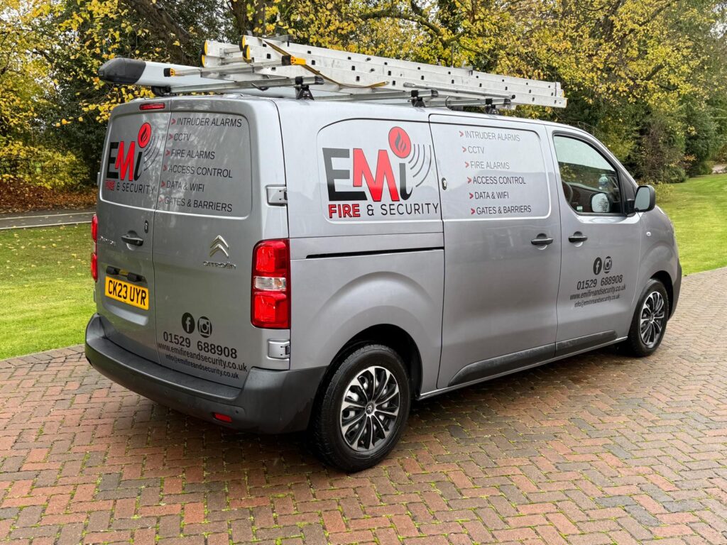 EMI Fire and Security van used for emergency lighting testing visits in Lincolnshire